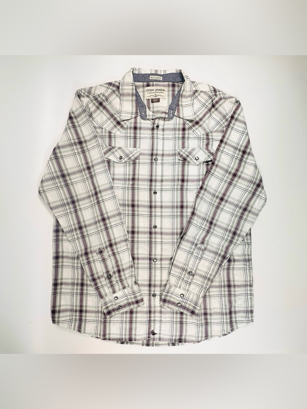 Cody James Mens XL Western Pearl Snap Shirt Gray Purple Plaid Cotton Cowboy